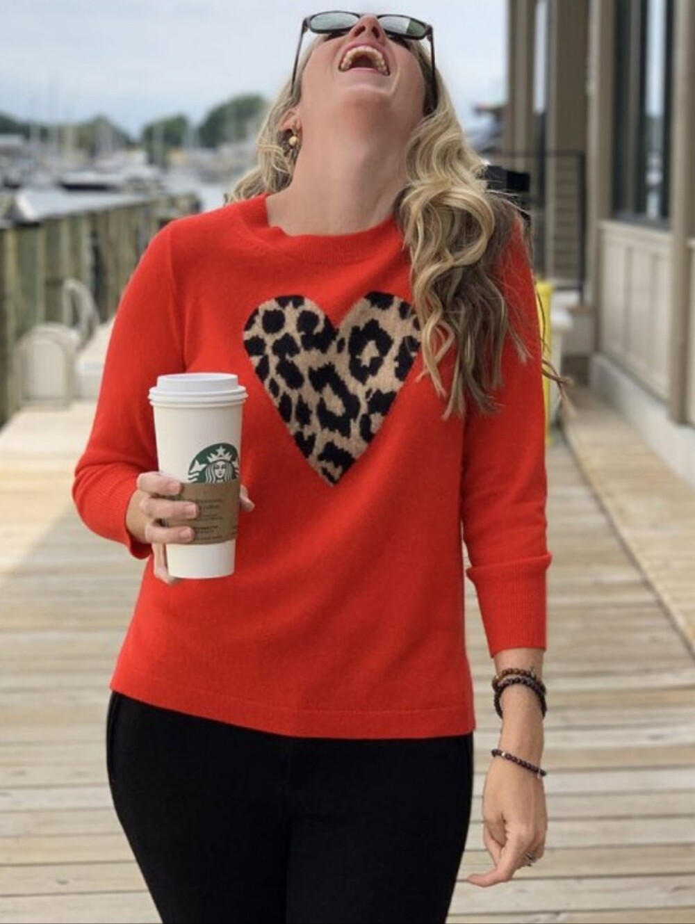 J. Crew Cashmere Red Crewneck Sweater with Leopard-Print Heart